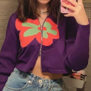 Tidal Nest Womens Y2K Flower Power Purple Thick Cardigan Sweater, Size Medium